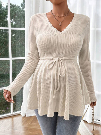 Maternity Khaki Deep V Neck Long Sleeve T-Shirt Loose Fit Belted Flared Hem Knitted Maternity Top for Fall
