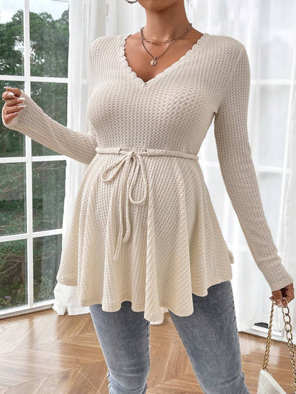 Maternity Khaki Deep V Neck Long Sleeve T-Shirt Loose Fit Belted Flared Hem Knitted Maternity Top for Fall