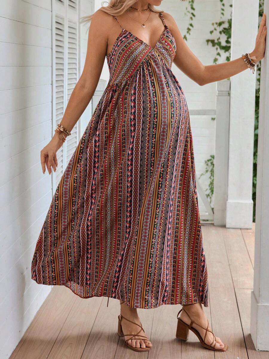 Maternity Random Printed Simple Daily Spaghetti Strap Dress For New Year