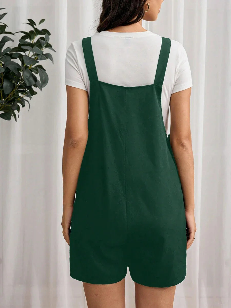 Navy Blue Maternity Button Pocket Casual Bib Romper - Sleeveless Bermuda Length Woven Overall Jumpsuit for Street Style