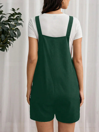 Navy Blue Maternity Button Pocket Casual Bib Romper - Sleeveless Bermuda Length Woven Overall Jumpsuit for Street Style