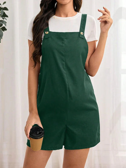 Navy Blue Maternity Button Pocket Casual Bib Romper - Sleeveless Bermuda Length Woven Overall Jumpsuit for Street Style