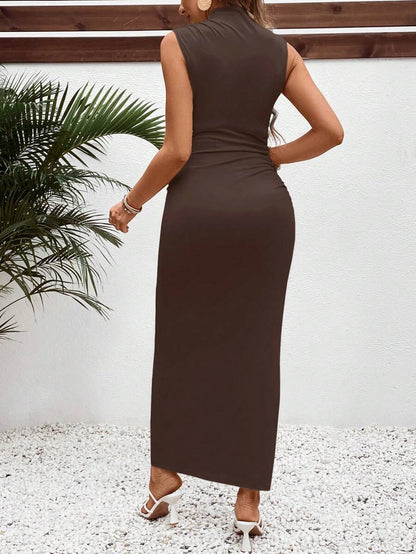 Maternity Casual Slim Fit Stand Collar Long Dress Sleeveless Ruched High Stretch Knitted Pencil Tank Dress for Daily Wear