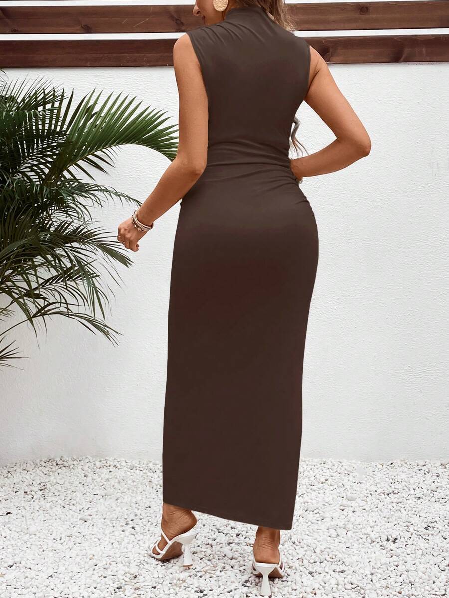 Maternity Casual V-Neck Fitted Long Ruched Tank Dress in Navy Blue - Slim Fit Sleeveless Knitted Beach Maxi for Summer