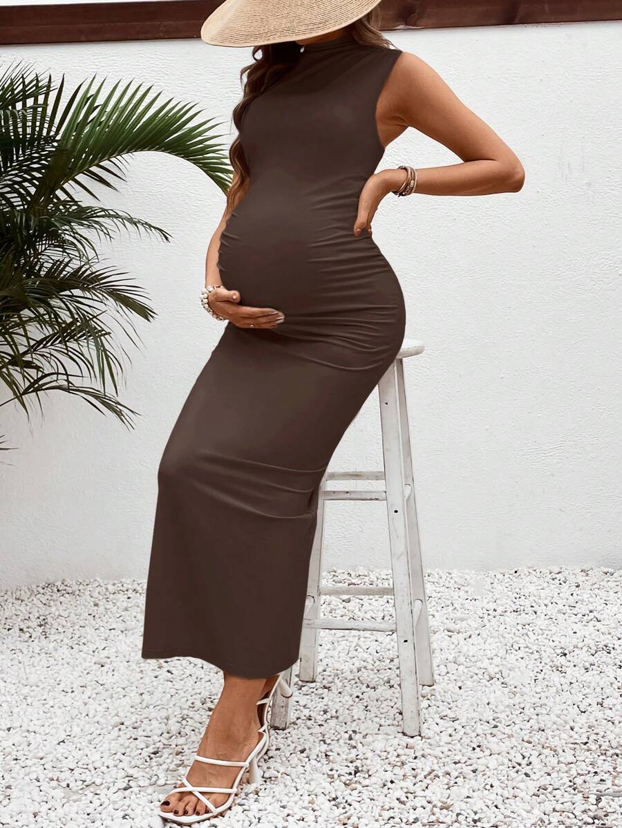 Maternity Casual Slim Fit Stand Collar Long Dress Sleeveless Ruched High Stretch Knitted Pencil Tank Dress for Daily Wear