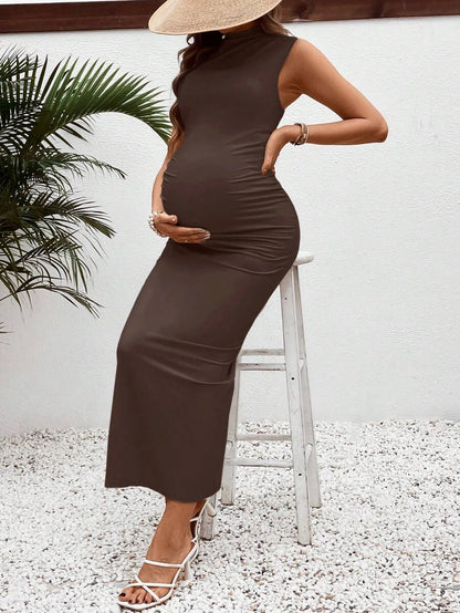 Maternity Casual V-Neck Fitted Long Ruched Tank Dress in Navy Blue - Slim Fit Sleeveless Knitted Beach Maxi for Summer
