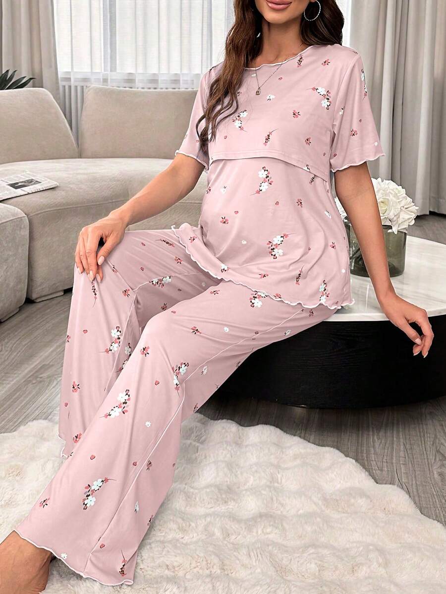 Maternity Floral Nursing Pajama Set Women Short Sleeve Top and Pants Sleepwear