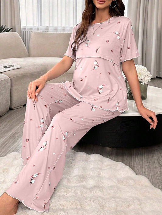 Maternity Floral Nursing Pajama Set Women Short Sleeve Top and Pants Sleepwear
