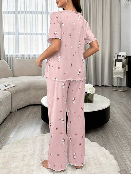 Maternity Floral Nursing Pajama Set Women Short Sleeve Top and Pants Sleepwear