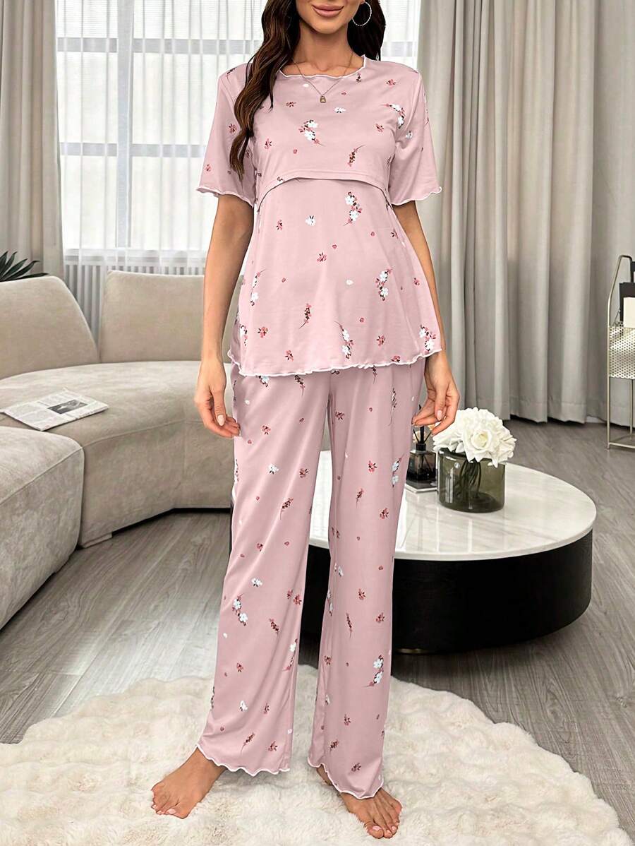 Maternity Floral Nursing Pajama Set Women Short Sleeve Top and Pants Sleepwear