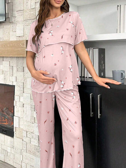 Maternity Floral Nursing Pajama Set Women Short Sleeve Top and Pants Sleepwear