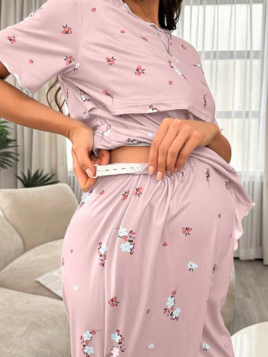 Maternity Floral Nursing Pajama Set Women Short Sleeve Top and Pants Sleepwear