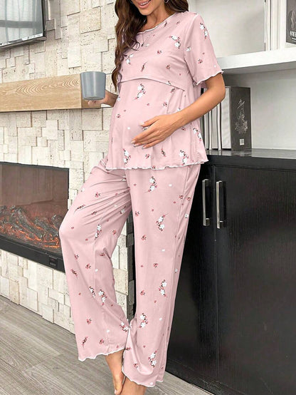 Maternity Floral Nursing Pajama Set Women Short Sleeve Top and Pants Sleepwear