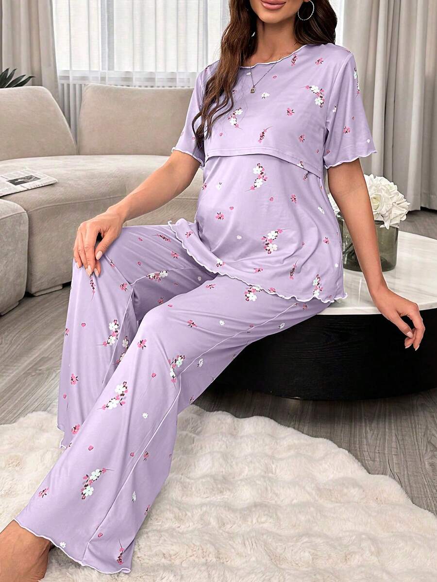 Maternity Floral Nursing Pajama Set Women Short Sleeve Top and Pants Sleepwear