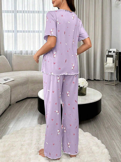 Maternity Floral Nursing Pajama Set Women Short Sleeve Top and Pants Sleepwear