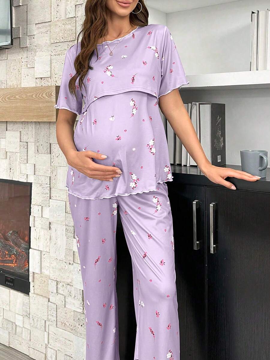 Maternity Floral Nursing Pajama Set Women Short Sleeve Top and Pants Sleepwear