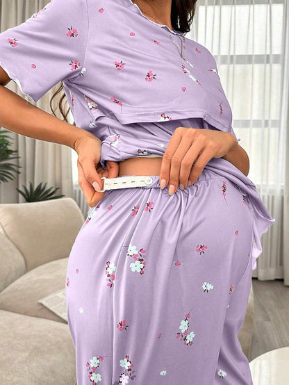 Maternity Floral Nursing Pajama Set Women Short Sleeve Top and Pants Sleepwear