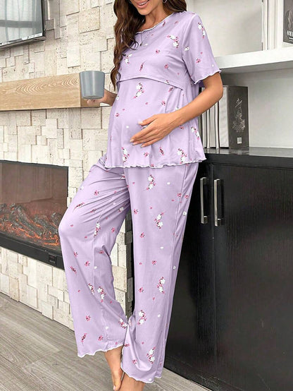 Maternity Floral Nursing Pajama Set Women Short Sleeve Top and Pants Sleepwear