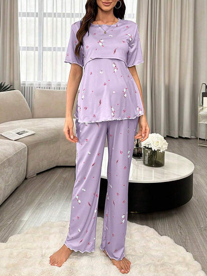 Maternity Floral Nursing Pajama Set Women Short Sleeve Top and Pants Sleepwear