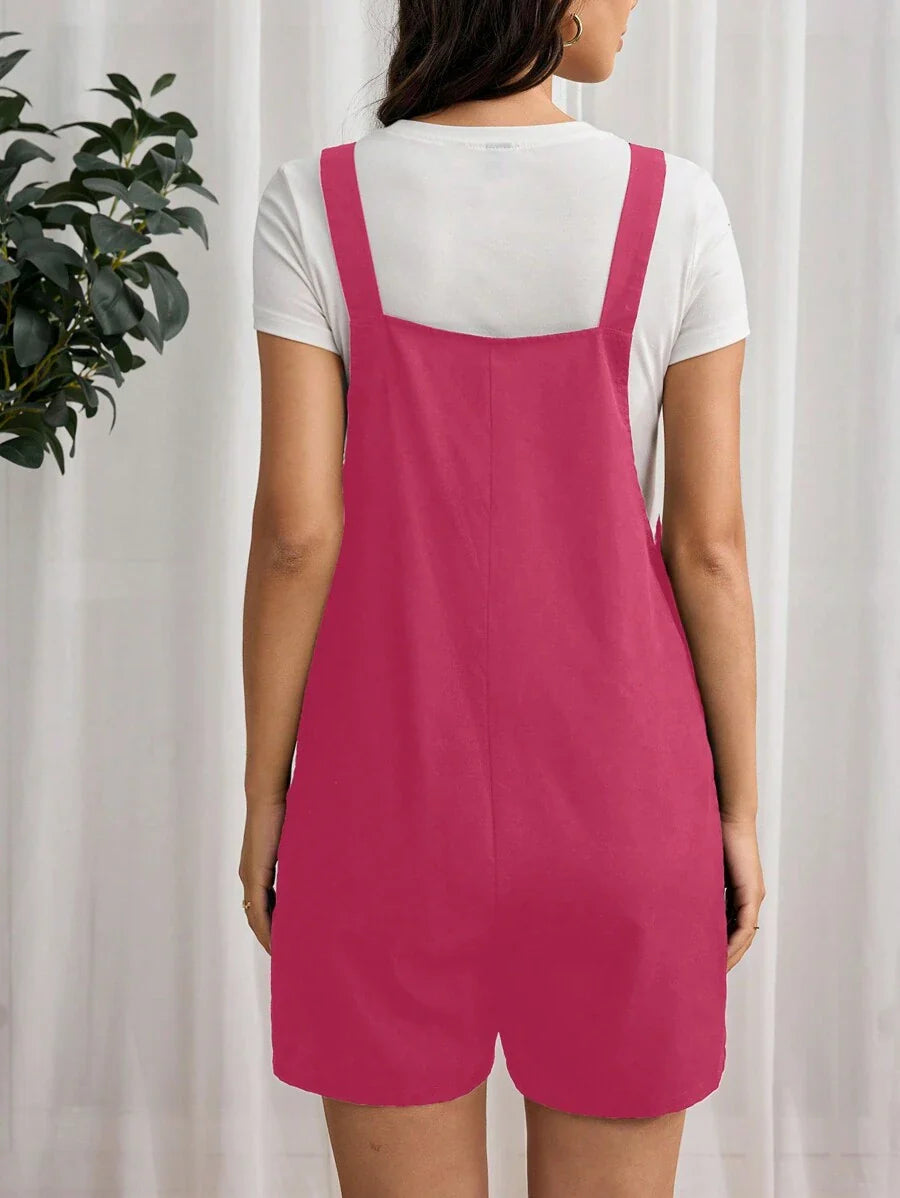 Navy Blue Maternity Button Pocket Casual Bib Romper - Sleeveless Bermuda Length Woven Overall Jumpsuit for Street Style