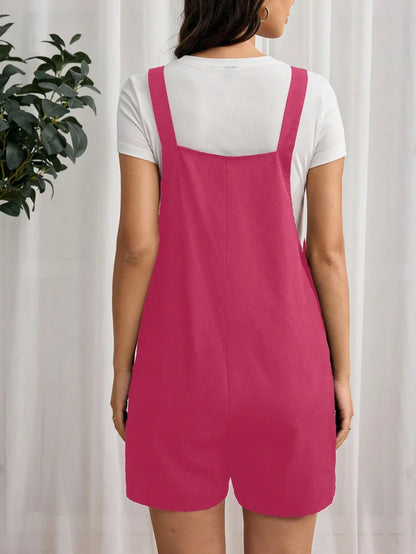 Navy Blue Maternity Button Pocket Casual Bib Romper - Sleeveless Bermuda Length Woven Overall Jumpsuit for Street Style