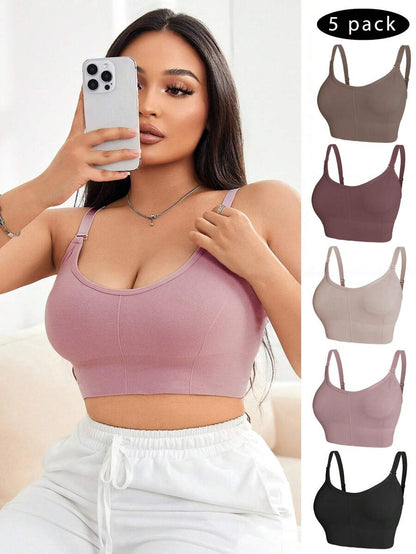 5-Piece Plus Size Non-Wired Comfort Bra Set - Solid Color Soft Everyday Lingerie