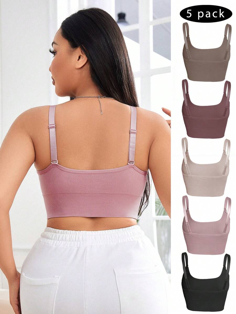 5-Piece Plus Size Non-Wired Comfort Bra Set - Solid Color Soft Everyday Lingerie
