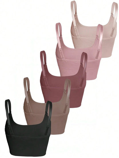 5-Piece Plus Size Non-Wired Comfort Bra Set - Solid Color Soft Everyday Lingerie