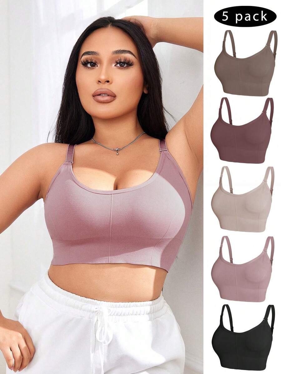 5-Piece Plus Size Non-Wired Comfort Bra Set - Solid Color Soft Everyday Lingerie
