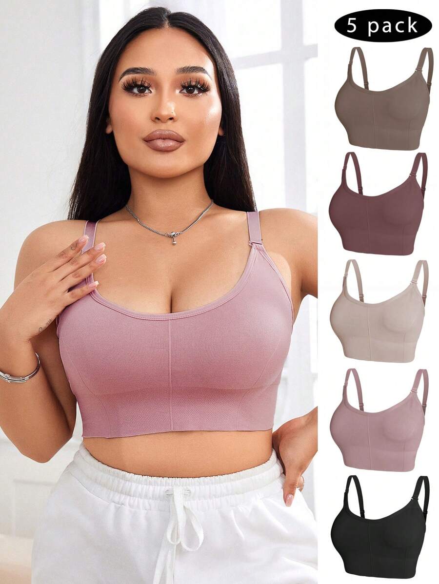 5-Piece Plus Size Non-Wired Comfort Bra Set - Solid Color Soft Everyday Lingerie