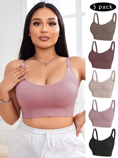 5-Piece Plus Size Non-Wired Comfort Bra Set - Solid Color Soft Everyday Lingerie