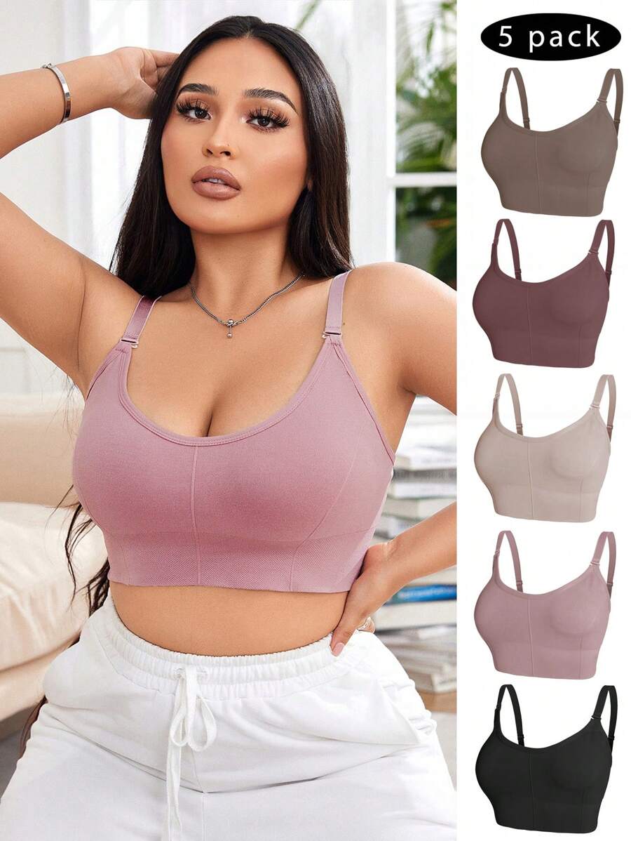 5-Piece Plus Size Non-Wired Comfort Bra Set - Solid Color Soft Everyday Lingerie
