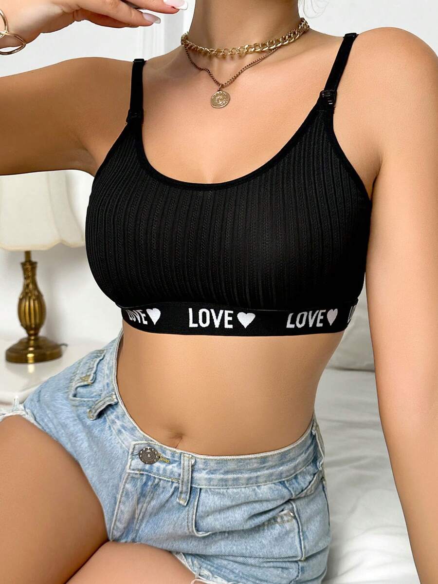 Maternity Nursing Cami Crop Top - Black Letter & Heart Print Sleeveless Wireless Bralette for Daily Comfort & Breastfeeding
