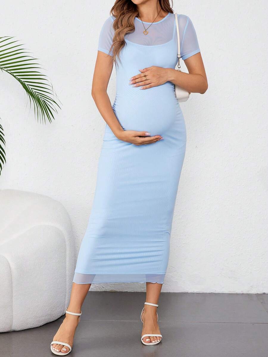 Maternity Bodycon Knit Dress - Round Neck, Mid-Length, Short Sleeve, Blue
