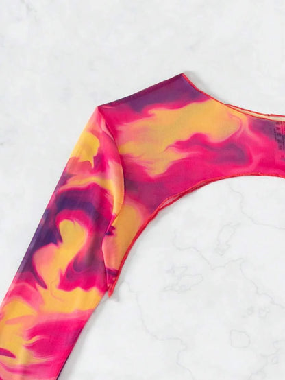 Women's Tie Dye Bikini Set - Drawstring Halter, High Waist, Long Sleeve Cover, Multicolor