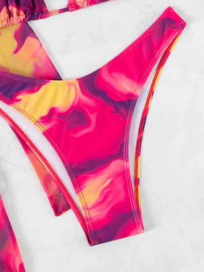 Women's Tie Dye Bikini Set - Drawstring Halter, High Waist, Long Sleeve Cover, Multicolor
