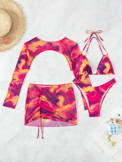 Women's Tie Dye Bikini Set - Drawstring Halter, High Waist, Long Sleeve Cover, Multicolor