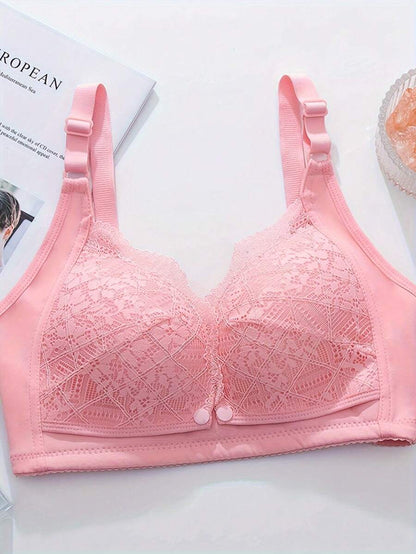 Elegant Pink Lace Nursing Bra - Wireless Push Up Maternity Bralette with Adjustable Straps & High Rise Briefs