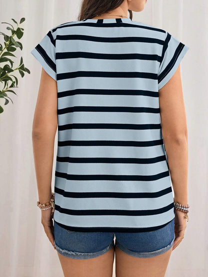 Navy Blue Striped Maternity T-Shirt - Loose Fit Batwing Sleeve Round Neck Summer Top - Casual Knitted Cap Sleeve Pregnancy Shirt
