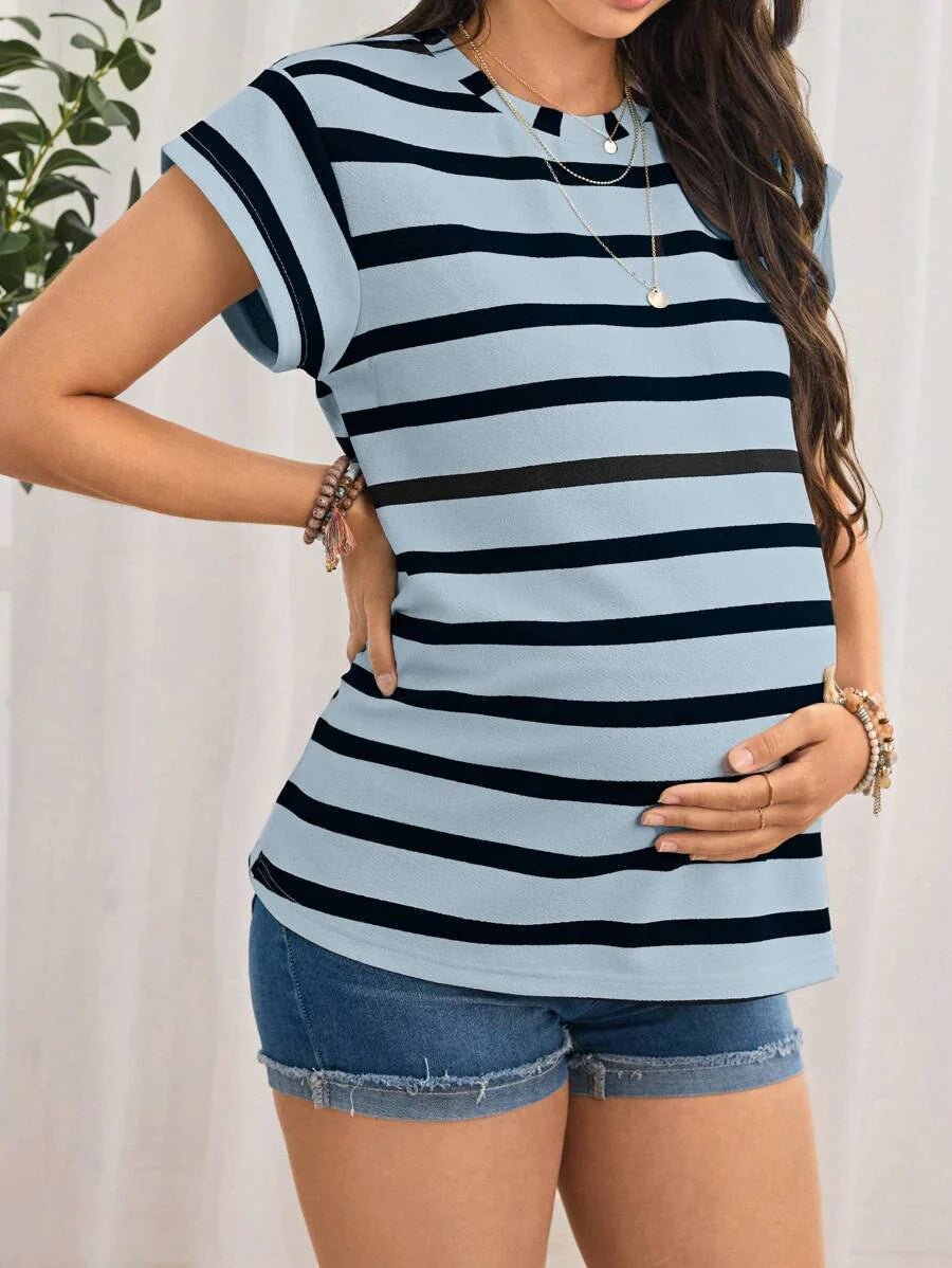 Maternity Short Sleeve Striped T-Shirt, Minimalist & Stylish, Suitable For Summer