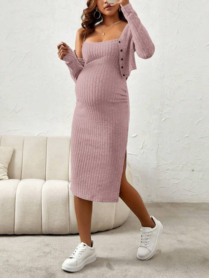 Maternity Pink Ribbed Knit 2-Piece Set with V-Neck Bodycon Knee Length Skirt and Button Front Long Sleeve Crop Cardigan