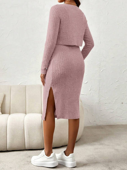 Maternity Pink Ribbed Knit 2-Piece Set with V-Neck Bodycon Knee Length Skirt and Button Front Long Sleeve Crop Cardigan