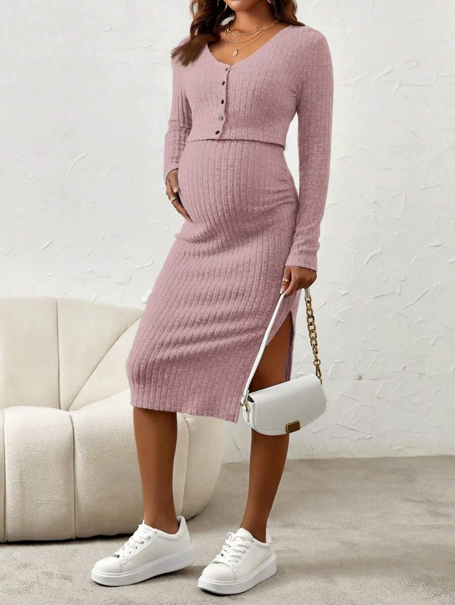 Maternity Pink Ribbed Knit 2-Piece Set with V-Neck Bodycon Knee Length Skirt and Button Front Long Sleeve Crop Cardigan