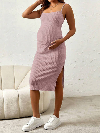 Maternity Pink Ribbed Knit 2-Piece Set with V-Neck Bodycon Knee Length Skirt and Button Front Long Sleeve Crop Cardigan