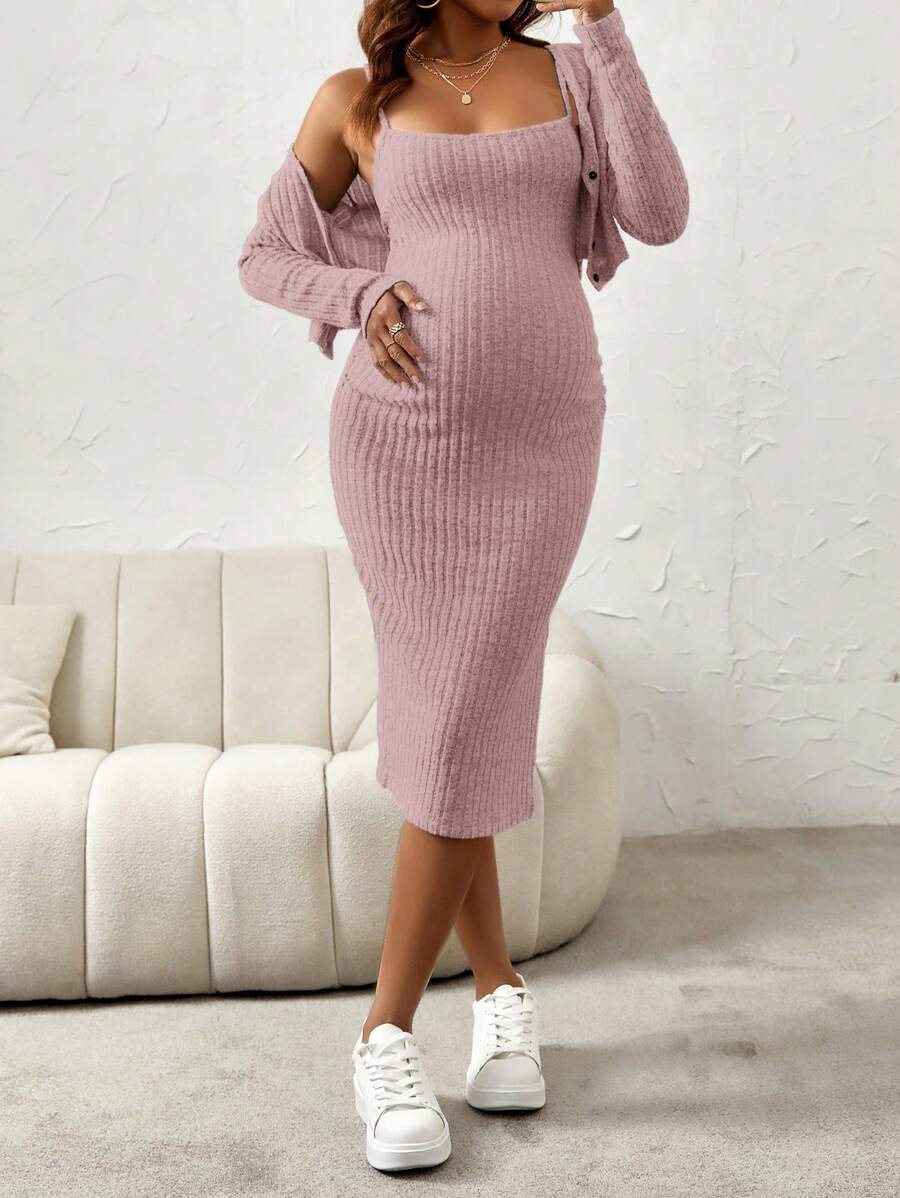 Maternity Pink Ribbed Knit 2-Piece Set with V-Neck Bodycon Knee Length Skirt and Button Front Long Sleeve Crop Cardigan