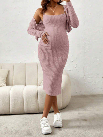 Maternity Pink Ribbed Knit 2-Piece Set with V-Neck Bodycon Knee Length Skirt and Button Front Long Sleeve Crop Cardigan
