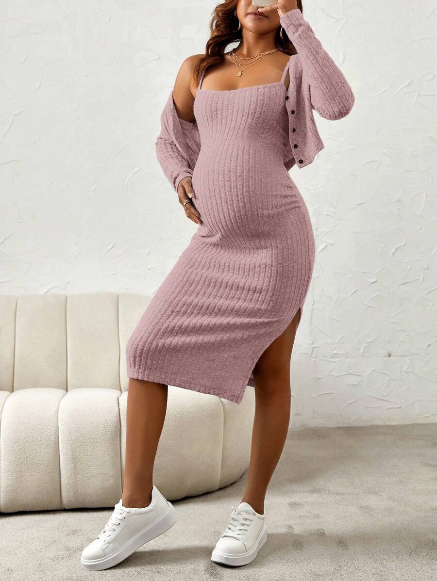 Maternity Pink Ribbed Knit 2-Piece Set with V-Neck Bodycon Knee Length Skirt and Button Front Long Sleeve Crop Cardigan