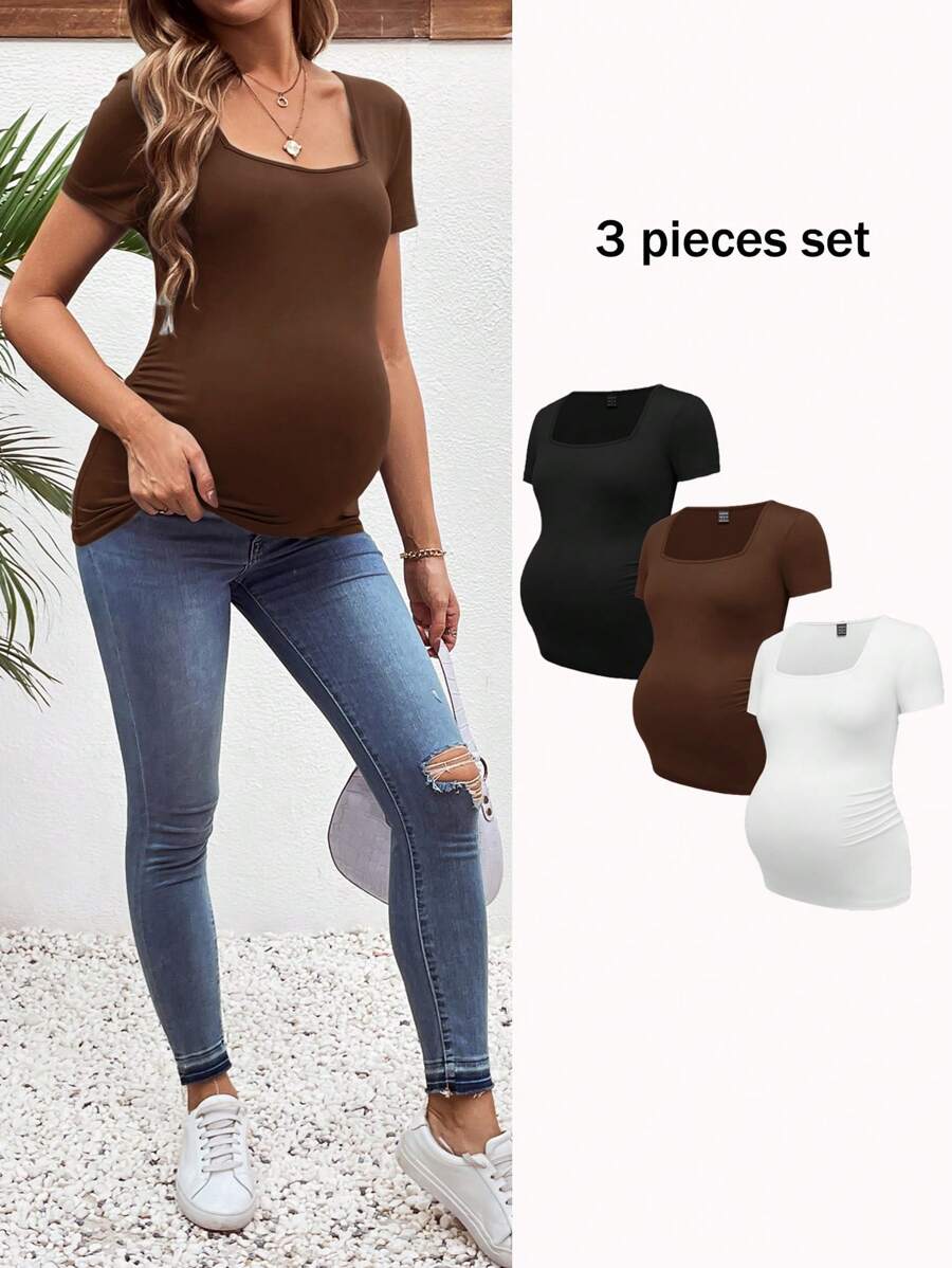 3-Piece Maternity Ribbed Knit Short Sleeve T-Shirt Set - Black White Gray Scoop Neck Fitted Pregnancy Basics