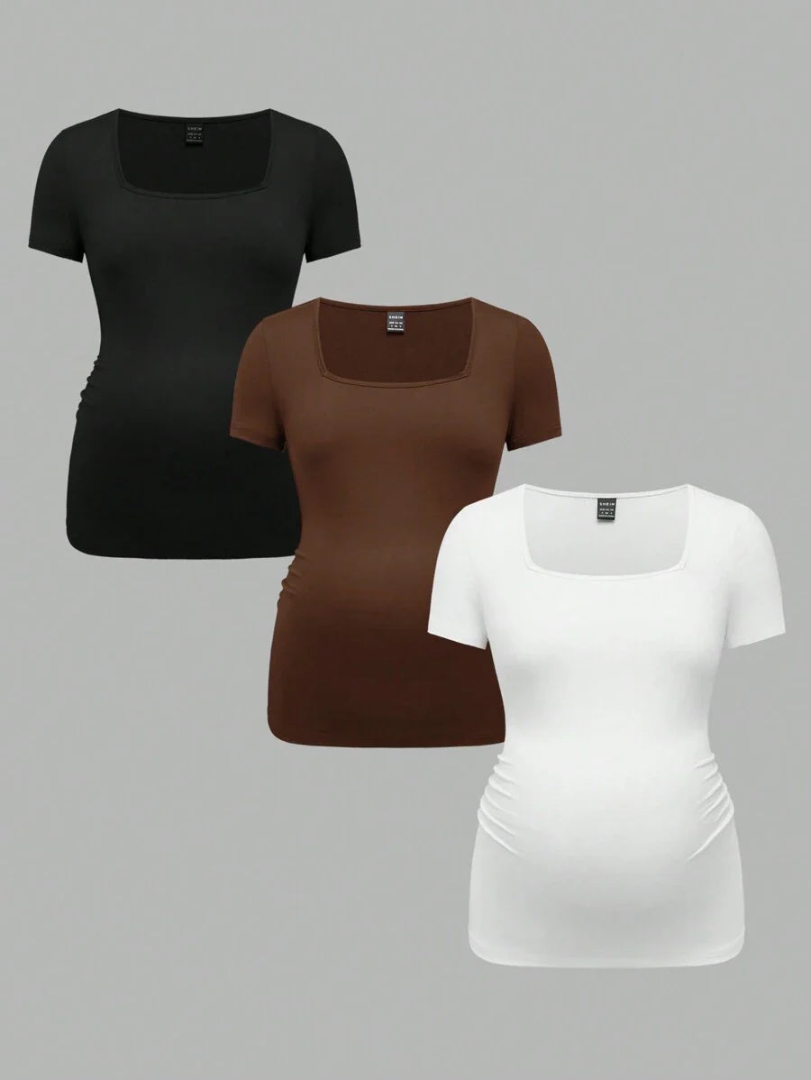 3-Piece Maternity Ribbed Knit Short Sleeve T-Shirt Set - Black White Gray Scoop Neck Fitted Pregnancy Basics