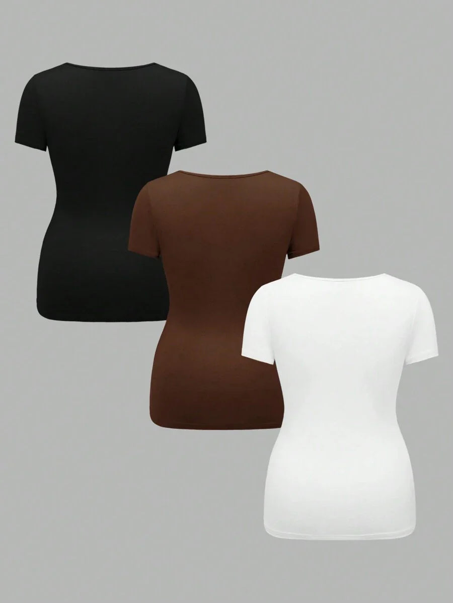 3-Piece Maternity Ribbed Knit Short Sleeve T-Shirt Set - Black White Gray Scoop Neck Fitted Pregnancy Basics